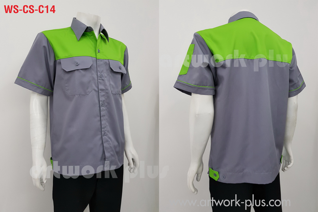 ขายเสื้อช็อปช่าง, เสื้อเชิ้ตพนักงาน ,เสื้อช็อปสำเร็จรูป, เสื้อสีเทาแต่งเขียว, WS-CS-C14